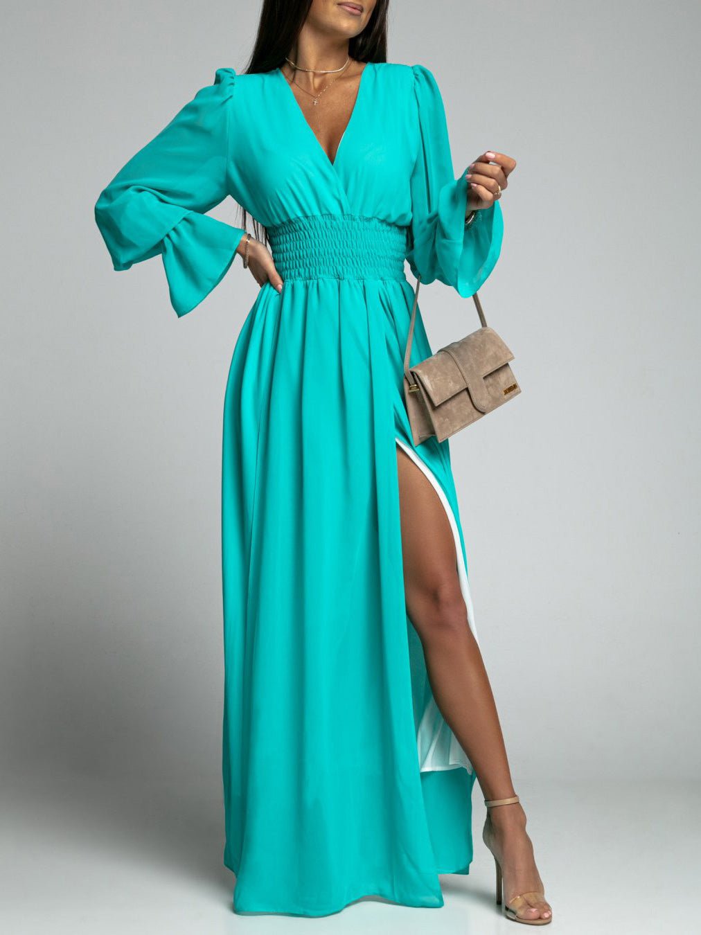 Dresses Neck Elastic Waist Long Sleeve Slit Dress 4