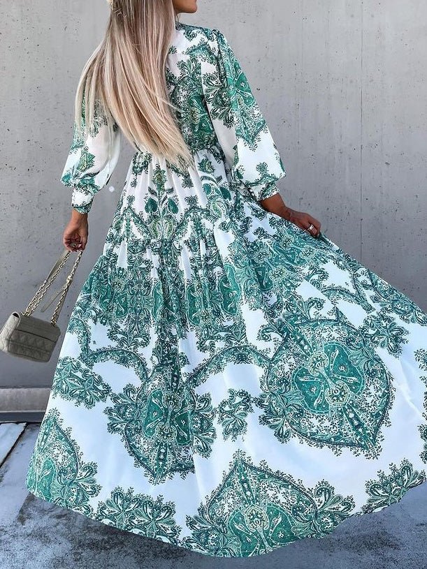 Collared Button Front Puff Sleeve Paisley Print Tiered Slit Maxi Dress 11