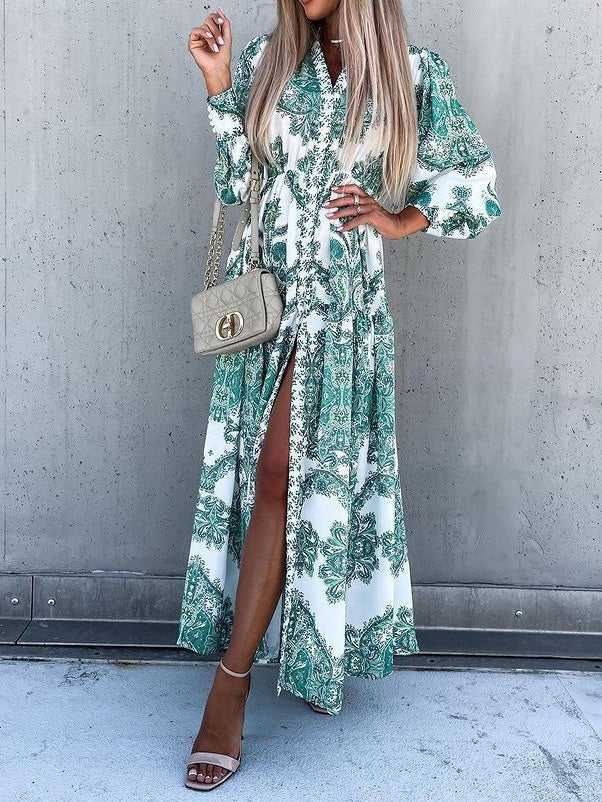 Collared Button Front Puff Sleeve Paisley Print Tiered Slit Maxi Dress 4