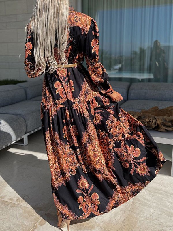 Collared Button Front Puff Sleeve Paisley Print Tiered Slit Maxi Dress 7