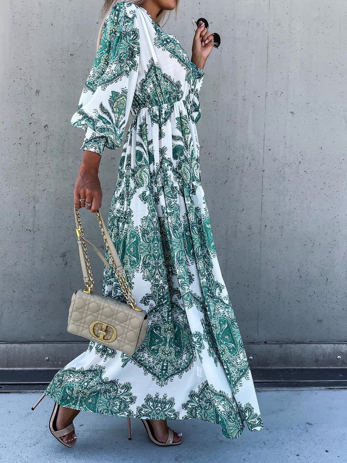 Collared Button Front Puff Sleeve Paisley Print Tiered Slit Maxi Dress 10