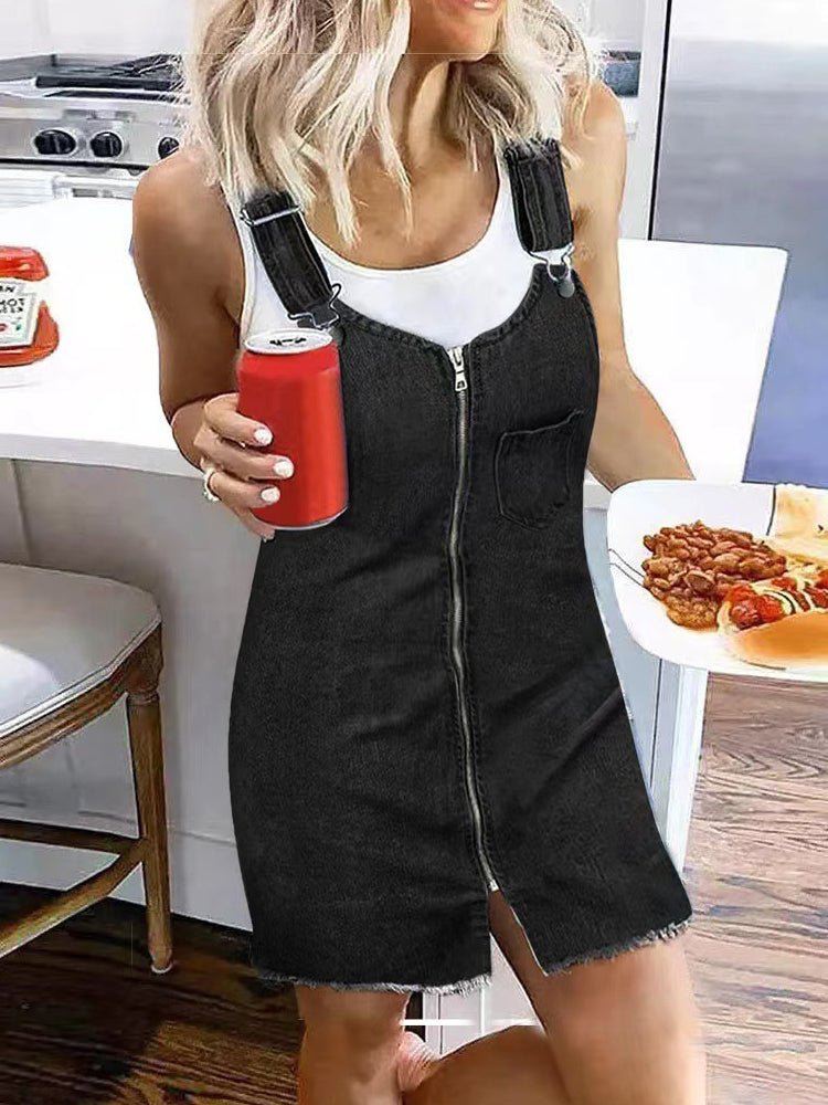Zip Front Distressed Rip Adjustable Strap Overall Denim Mini Dress 4