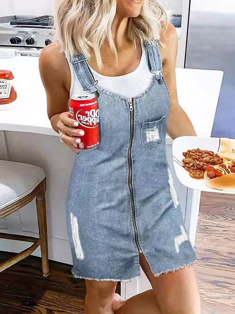 Zip Front Distressed Rip Adjustable Strap Overall Denim Mini Dress 3