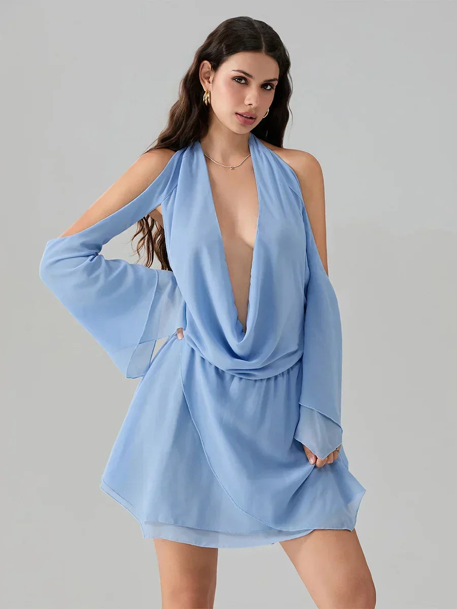 Halter Plunge Cowl Neck Cold Shoulder Bell Sleeve Mini Dress