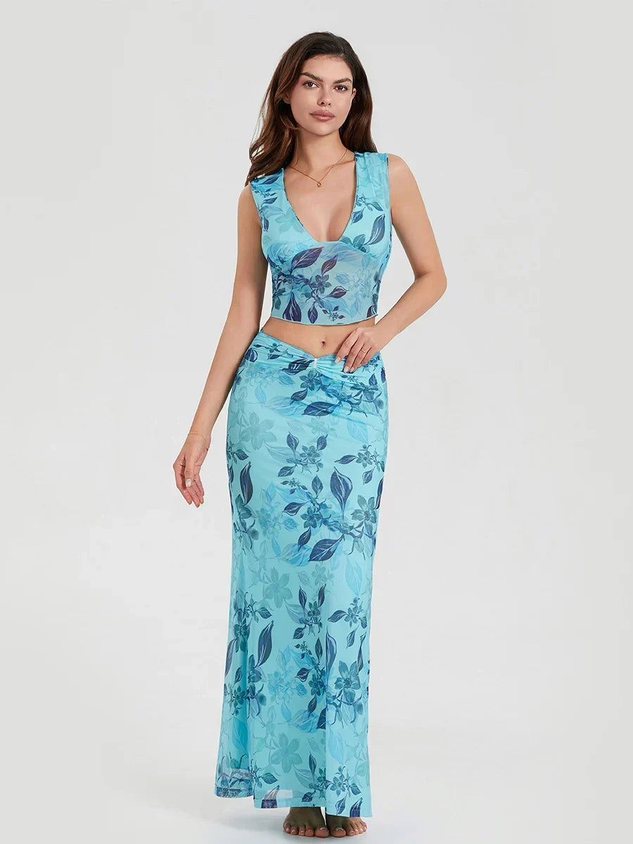Blue Floral V-Neck Sleeveless Backless Maxi Two-Piece Set