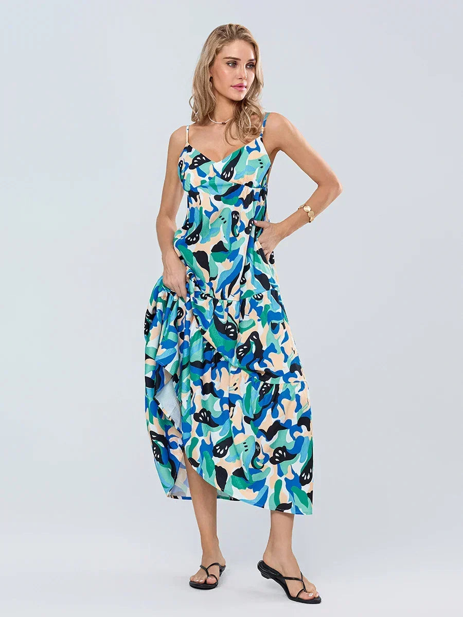 Blue Abstract Print Spaghetti Strap Backless V-Neck Maxi Dress