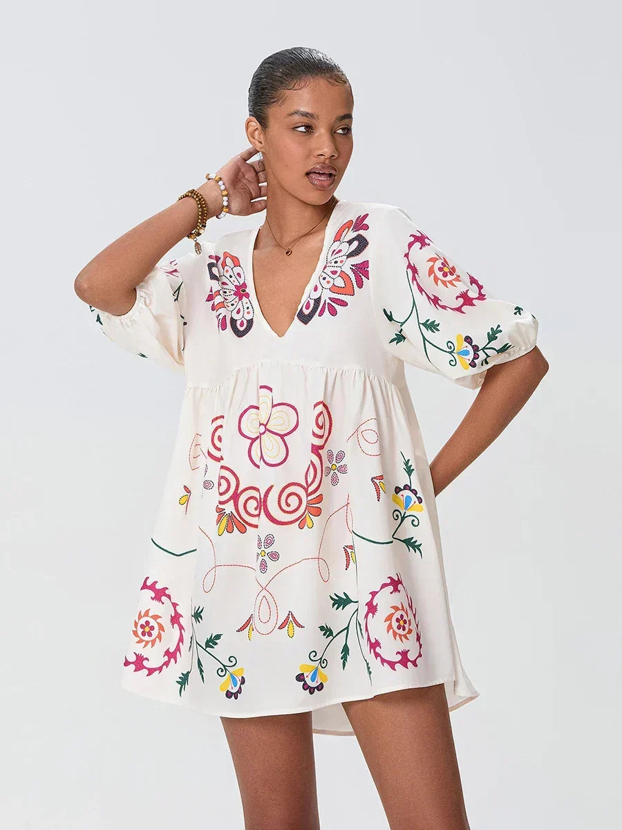 White Embroidered V-Neck Puff Sleeve Babydoll Mini Dress