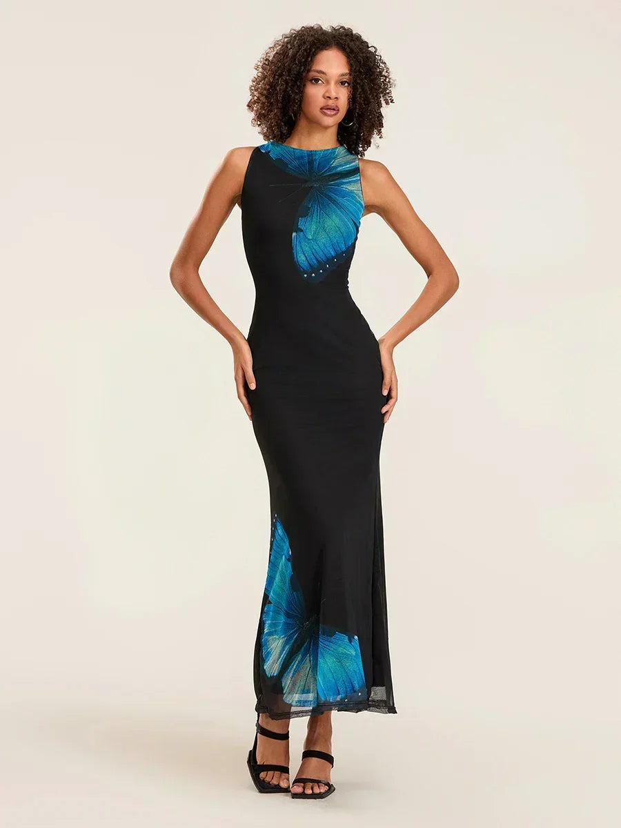 Black Butterfly Print Round-Neck Sleeveless Bodycon Maxi Dress
