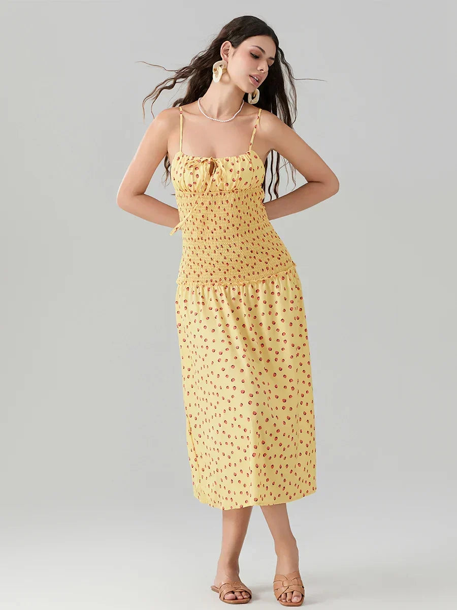 Strawberry Print Spaghetti Strap Tie-Front Smocked Midi Dress