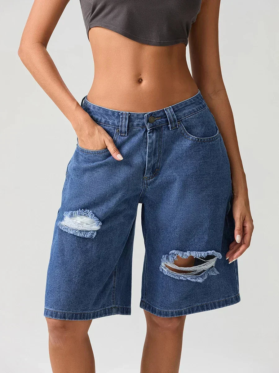 Deep Blue Denim Ripped Low-Rise Knee-Length Bermuda Shorts