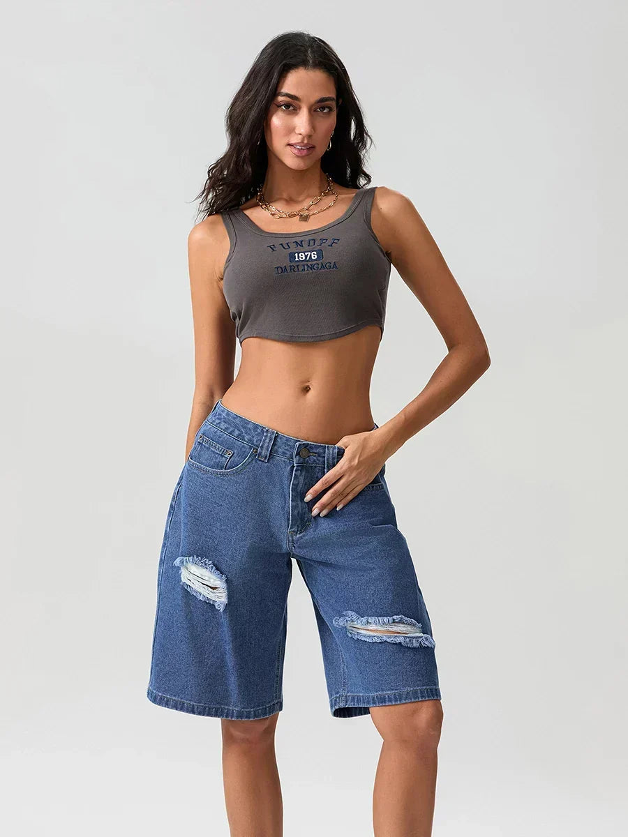 Deep Blue Denim Ripped Low-Rise Knee-Length Bermuda Shorts