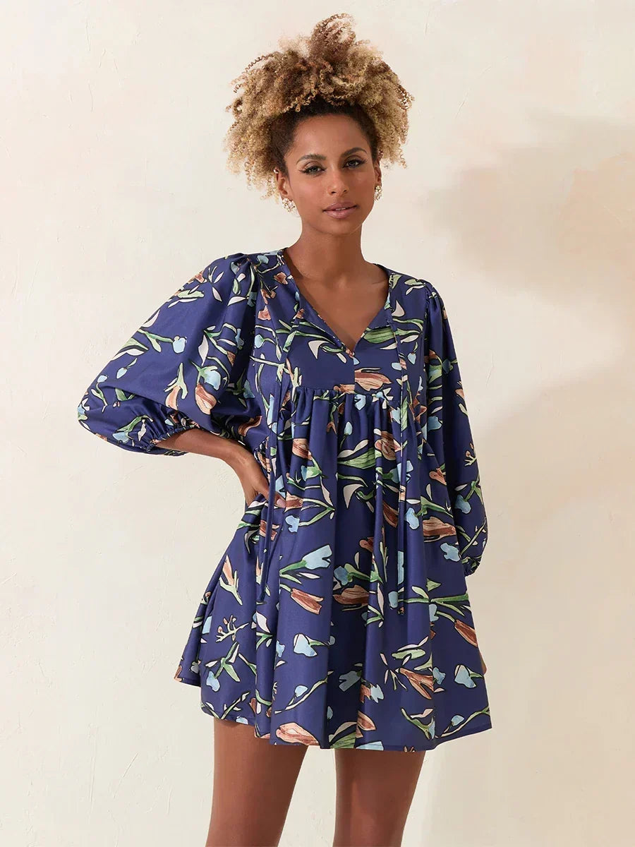 Blue Floral V-Neck Lantern Sleeve Loose Babydoll Mini Dress