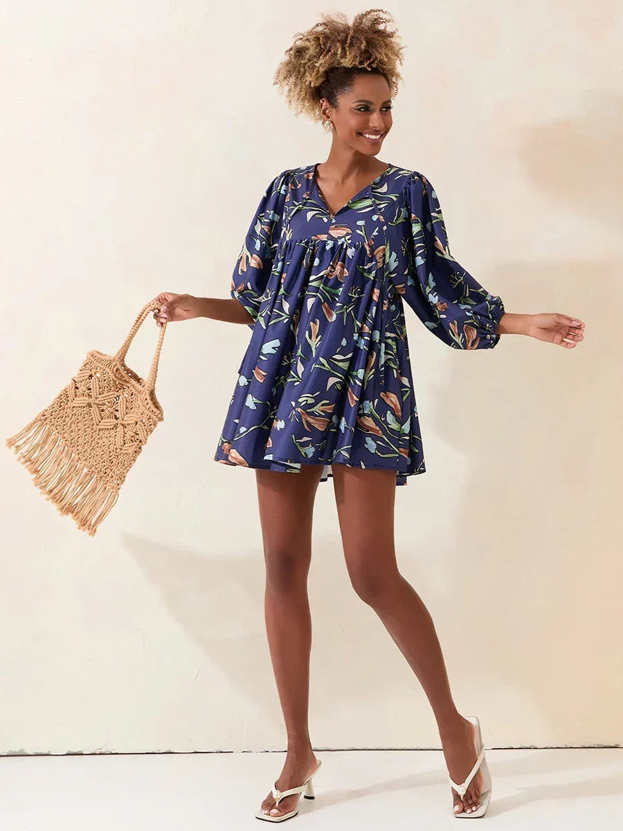 Blue Floral V-Neck Lantern Sleeve Loose Babydoll Mini Dress