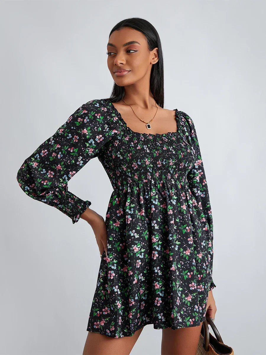 Black Floral Square-Neck Long Sleeve Smocked Mini Dress