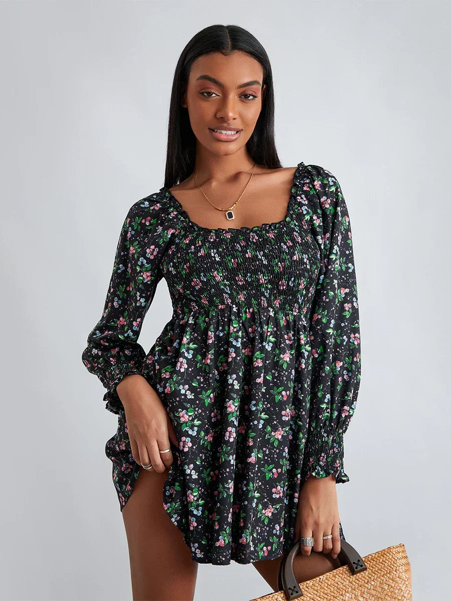 Black Floral Square-Neck Long Sleeve Smocked Mini Dress