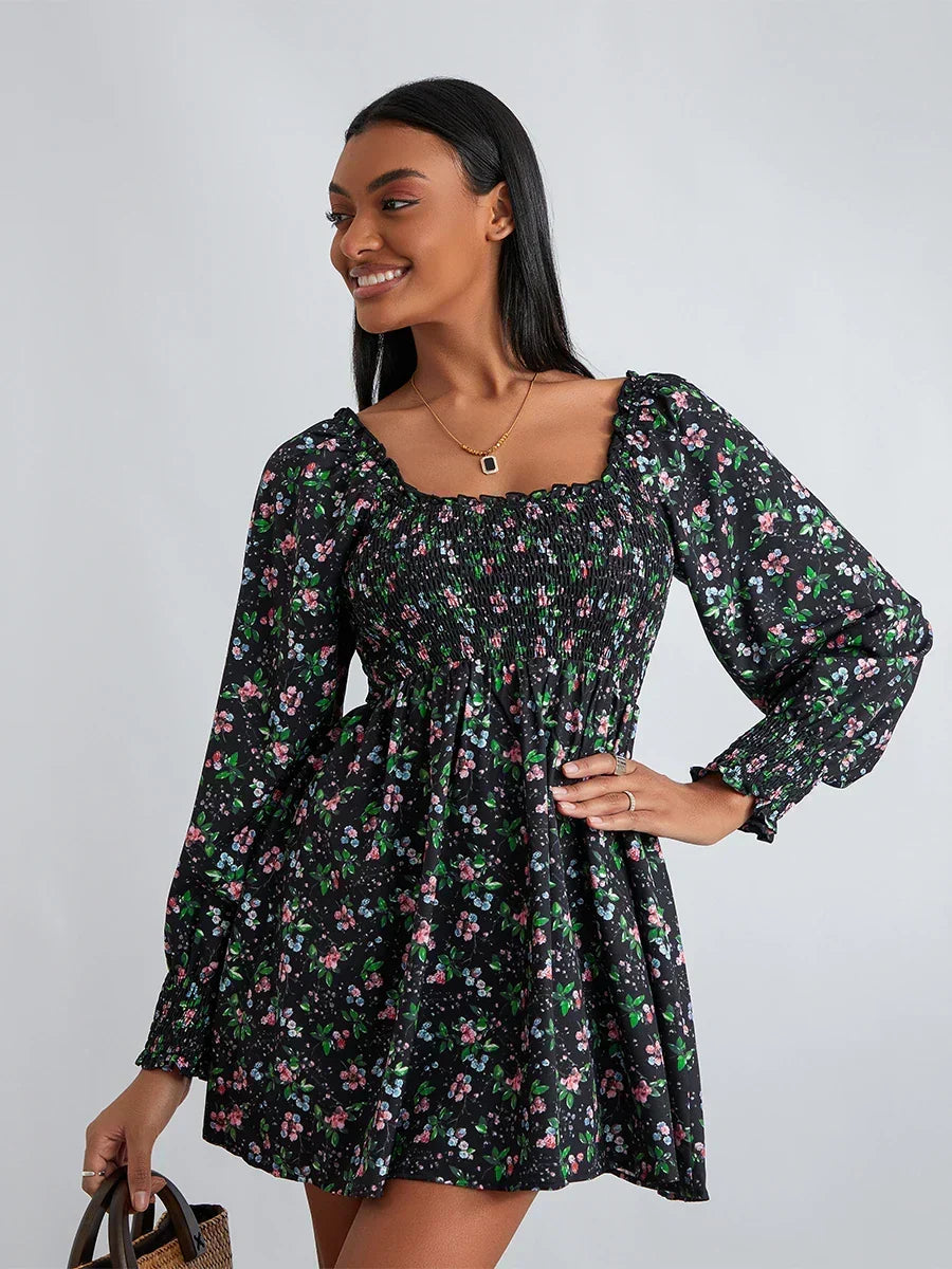 Black Floral Square-Neck Long Sleeve Smocked Mini Dress