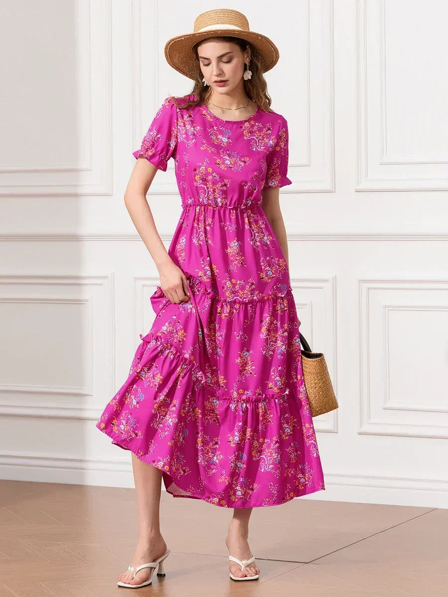 Rose Red Floral Round-Neck Puff Sleeve Tiered Ruffle Maxi Dress