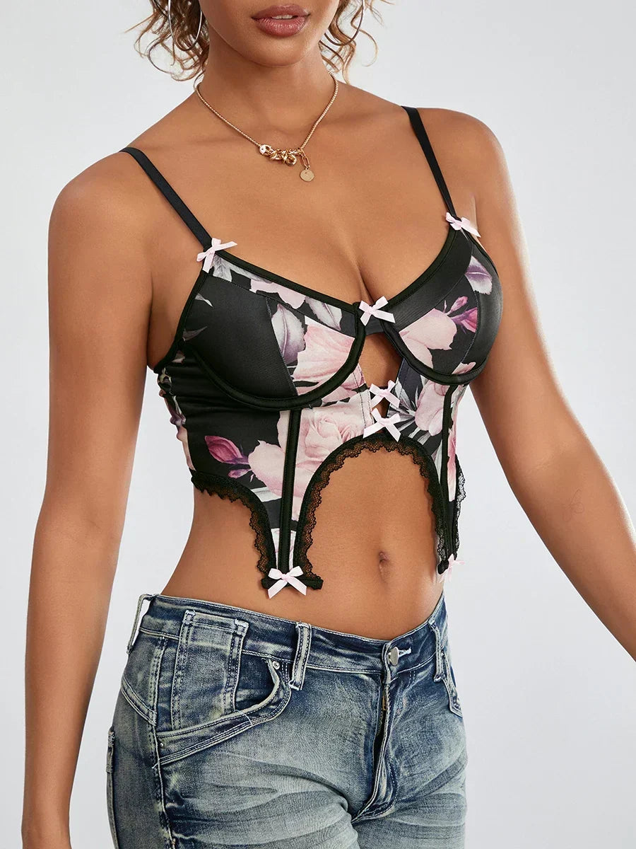 Black Floral Mesh Spaghetti Strap Underwire Bustier Corset