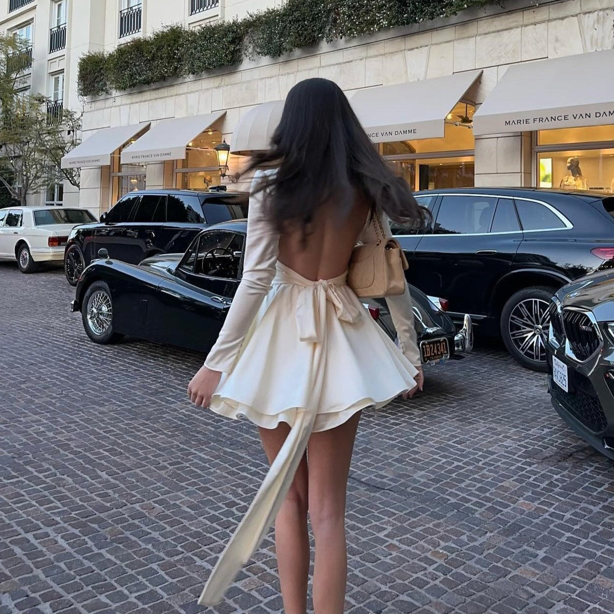 Mock Neck Keyhole Plunge Wrap Waist Balloon Sleeve Satin Skater Mini Dress 3