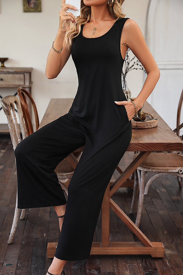 Solid Color Sleeveless Round Neck Jumpsuit