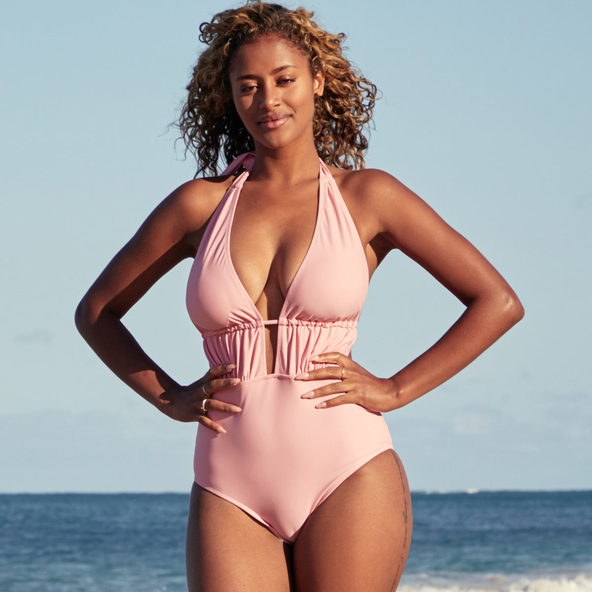 V Neck Ruched Design One Piece Swimsuits