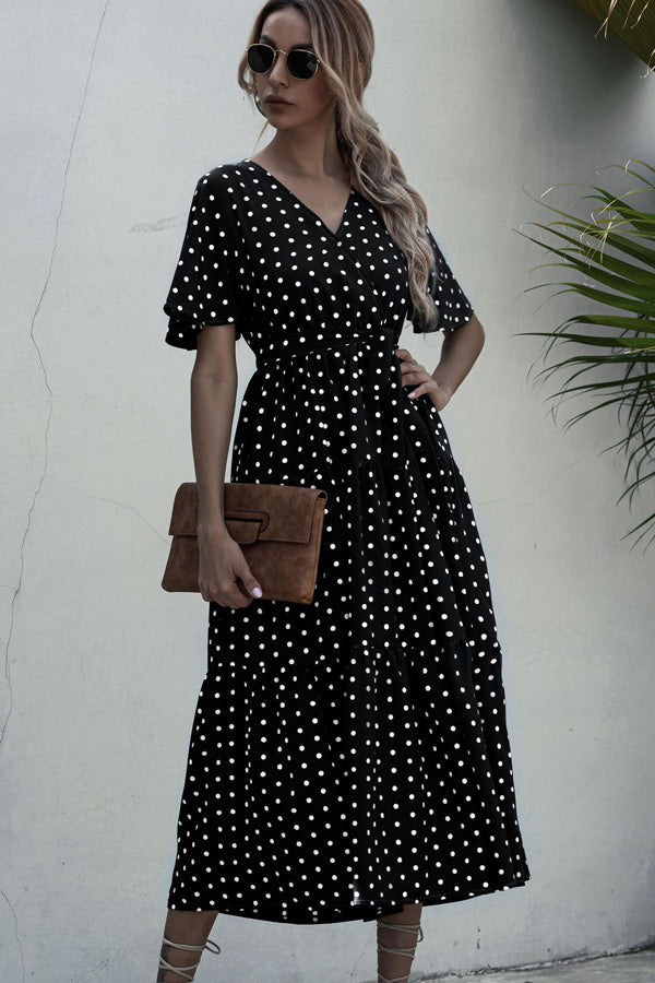 Short Sleeve Dots Print V Neck Maxi Dress