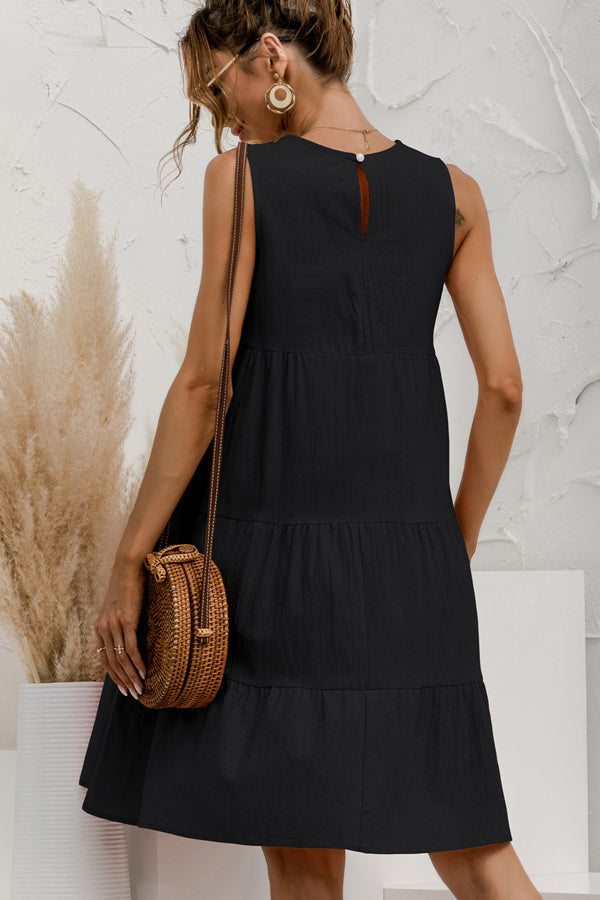 Round Neck Solid Ruched Sleeveless Mini Dress